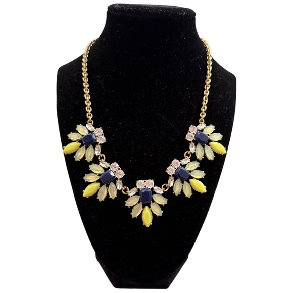 J. CREW Lime Green & Navy Blue w/ Crystals Floral Bib Statement Necklace - Picture 2 of 7
